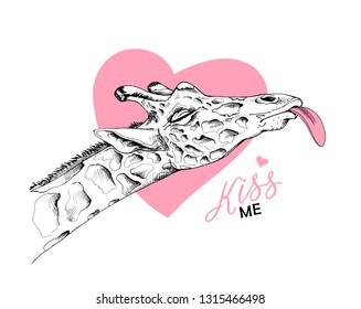 Adorable Giraffe with a pink tongue on a  heart background. Kiss me - lettering quote. Humor Card of a Valentine's day, t-shirt composition, hand drawn style print. Vector illustration.