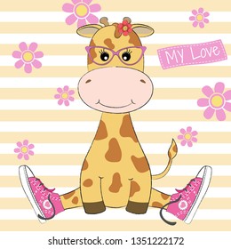 Adorable giraffe sitting in glasses and in sport shoes. Vector illustration drawn in flat style. Drawing can be applied to children's t-shirts.