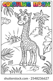 Adorable giraffe standing in the african savannah at sunset, a fun coloring activity for children.