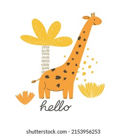 Adorable giraffe with words Hello in scandinavian style. Vector illustration.