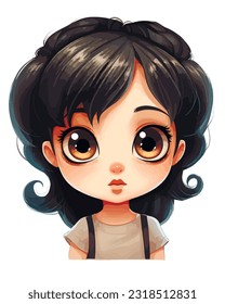 Niña adorable con ojos grandes y pelo negro caricatura ilustración vectorial