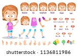 Adorable girl character constructor for animation and custom illustrations. Schoolgirl in pink shirt and blonde red hair. Character creation set with various views, face emotions, lip sync and poses