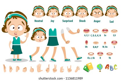 Adorable girl character constructor for animation and custom illustrations. Schoolgirl in green dress and dark hair. Character creation set with various views, face emotions, lip sync and poses 