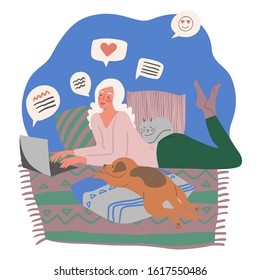 Adorable girl is chatting, spending time with dog and cat. Young woman in an interior with her pets. Flat hand drawn cartoon illustration.