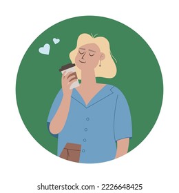 Adorable girl with a cup of coffee in a blue shirt. Isolated round icons or avatars. Vector illustration in flat style.