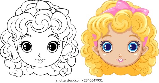 Adorable Girl with Curly Hair Outline for Colouring illustration