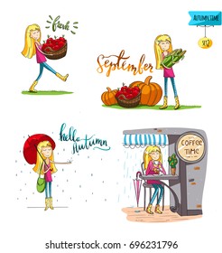 Adorable girl in different situations in fall- carrying apples, with corn, in the cafe, drinking coffee. Set of stickers. For cards and design. Vector hand drawn illustration.