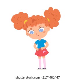 Adorable girl dressing up herself vector illustration. Cartoon isolated cute funny kid character buttoning red skirt, pretty independent redhead child wearing summer casual childish clothing