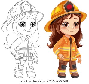 Adorable girl in firefighter uniform and helmet