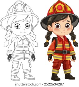 Adorable girl in firefighter uniform vector art