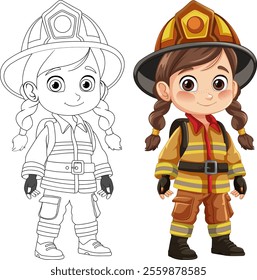 Adorable girl in firefighter uniform vector art