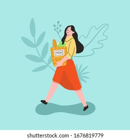 Adorable girl is holding a bags with purchases. Happy girl doing grocery shopping. She has some fresh ingredients. Vector illustration flat design.