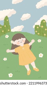 Adorable girl lies on green grass with daisies. Weekends outside the city. Cute kid lying on grass dreamily looking into sky. Top view. Poster, Vector illustration in hand drawn style with texture.