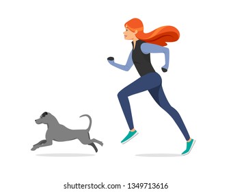 Adorable Girl with Long Ginger Hair Wearing Sport Clothes Running with Dog Isolated on White Background. Healthy Lifestyle. Young Woman Character Jogging with Pet. Cartoon Flat Vector Illustration.