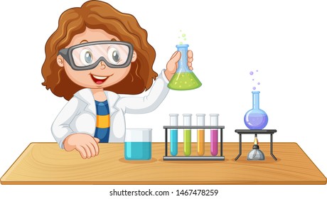 Adorable girl on isolated white background with science theme illustration