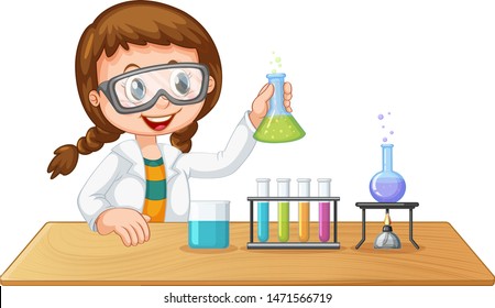 Adorable girl on isolated white background with science theme illustration