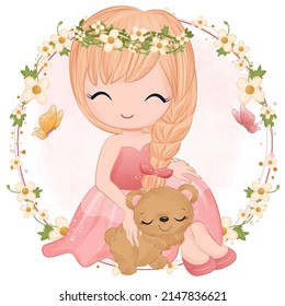 Adorable Girl With Pink Dress Illustration