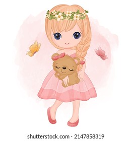 Adorable Girl With Pink Dress Illustration