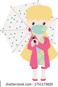 Adorable Girl in Pink Raincoat and Boots holding an open unbrella