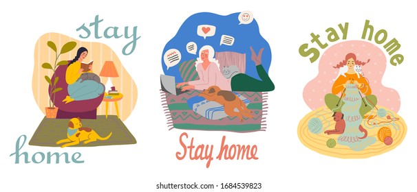 Adorable girl reading book, knitting, chatting, spending time with dog and cat. Stay home, quarantine concept. Young woman in an interior with her pets. Flat hand drawn cartoon illustration.