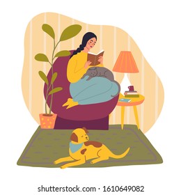 Adorable girl reading book, spending time with dog and cat. Young woman in an interior with her pets. Flat hand drawn cartoon illustration.