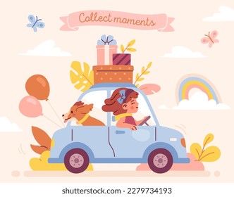 Adorable girl rides doll car with dog. Collect moments. Small happy child or kid with pet or puppy carrying gifts. Design for posters, postcards, printing on clothes. Cartoon flat vector illustration