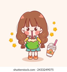 The adorable girl is sipping coconut. logo, coconut water, fresh coconut, hand drawn cartoon illustration