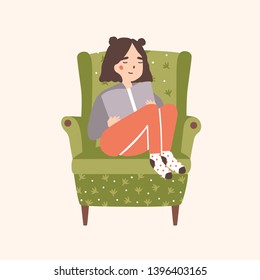 Adorable girl sitting in comfy armchair and reading book isolated on light background. Portrait of cute young woman spending time at home and relaxing in cozy chair. Flat cartoon vector illustration.