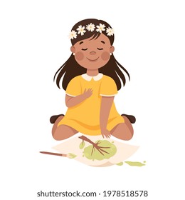 Adorable Girl Sitting on Floor and Drawing, Cute Kid Creative Activity Cartoon Vector Illustration