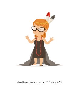 Adorable girl wearing dult oversized elegant black dress and headdress with feathers, kid pretending to be adult vector Illustration