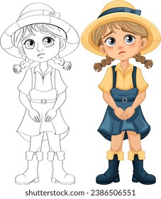 Adorable girl wearing suspenders, skirt, and hat with a sad facial expression, perfect for coloring pages