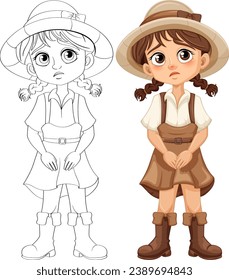 Adorable girl wearing suspenders, skirt, and hat with a sad facial expression, perfect for coloring pages