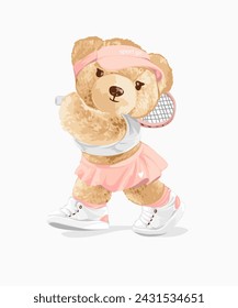 Adorable Girly Bear Doll Tennisspieler Hand gezeichnete Vektor-Illustration