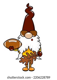 Adorable gnome with american football ball - Nordic magic dwarf. Cute holidays Elf with hat. Vector illustration for Harvest, Thanksgiving or Halloween. I love Fall day.