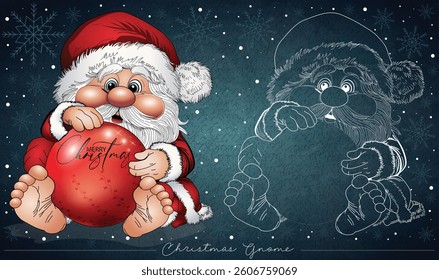 Adorable gnome dressed in a Santa suit sitting behind a Christmas ornament with a Xmas greeting.