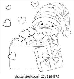 Adorable Gnome with Hearts and Gift Coloring Page