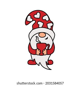 Adorable gnome with hot drink is on white background. Vector illustration.