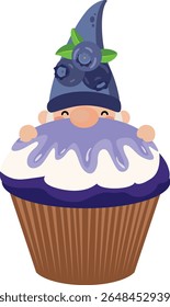Adorable Gnome Peeking from a Blueberry Cupcake
