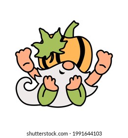 Adorable gnome with pumpkin hat is on white background. Vector illustration.