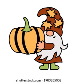 Adorable gnome with pumpkin is on white background. Vector illustration.