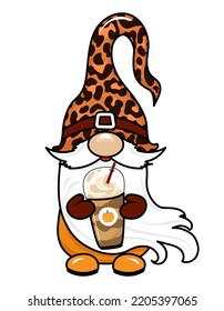 Adorable gnome with pumpkin spice latte - Thanksgiving gnome with coffee. Nordic magic dwarf. Cute holidays Elf with hat. Vector illustration for Harvest, Thanksgiving or Halloween. I love Fall day.