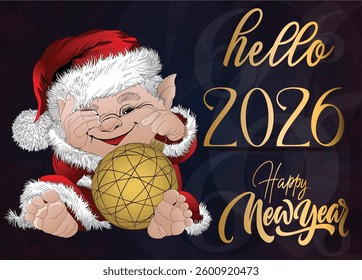 Adorable gnome sitting next to Hello 2026, with golden text set against a dark blue backdrop.