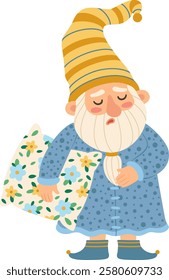 Adorable gnome wearing blue nightgown with flower details and striped nightcap holding pillow, preparing for bedtime, promoting relaxation and good sleep