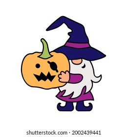 Adorable gnome with witch hat and Halloween pumpkin on white background. Vector illustration.