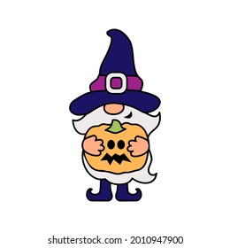 Adorable gnome with witch hat and Halloween pumpkin on white background. Vector illustration.