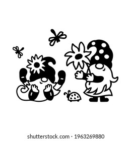 Adorable gnomes with flower on white background. Vector illustration.