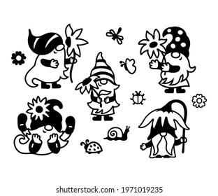 Adorable gnomes with flower set on white background. Summer and spring gnomes. Vector illustration.