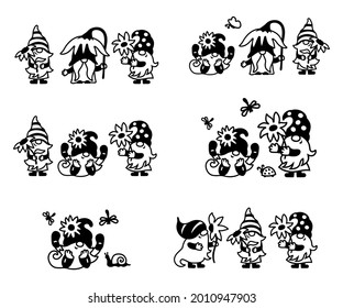 Adorable gnomes with sunflowers or daisy flowers designs are on white background. Vector illustration.