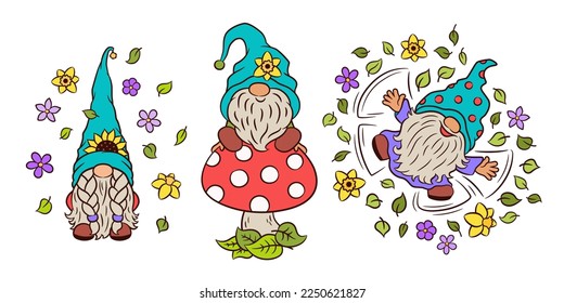 Adorable gnomes vector line art  Happy baby gnome toadstool  Cute scandinavian drawf sunflower hat  Cheerful gnome holding in spring blossoms  Flowers bloom  For sticker  cut file  print 