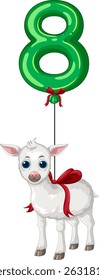 Adorable goat illustration with a green balloon shaped as the number eight, featuring vibrant colors and playful composition
